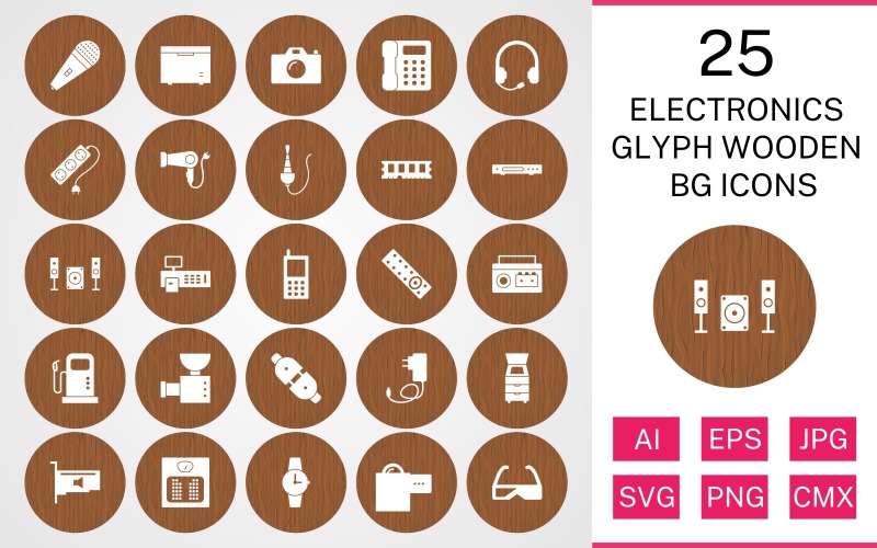 25 Elektronik Cihaz Glif Ahşap BG Icon Set