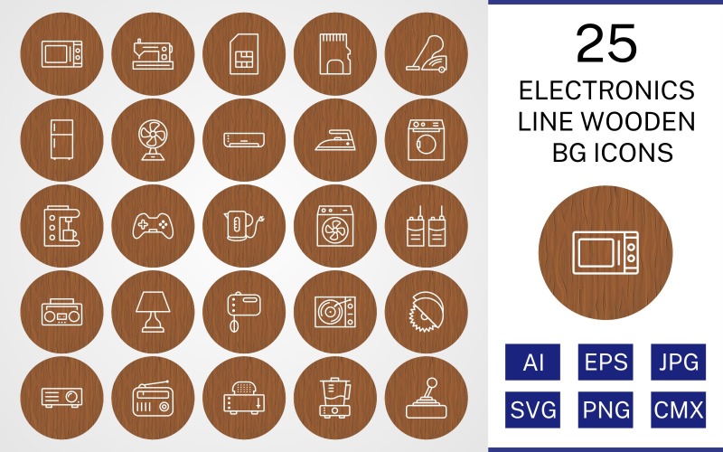 25 электронных устройств Line Wooden BG Icon Set