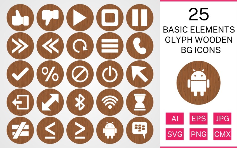 25 Grundelemente Glyph Wooden BG Icon Set