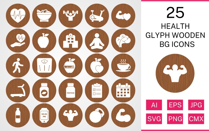 Download Набор иконок "25 Health Glyph Wooden BG Icon Set" / 25 Health Glyph Wooden BG Icon Set - Набор иконок на тему food set,file,icon,icons,background,vector,sign,symbol,pictogram,wooden,glyph,health,yoga,salad,heart beat,walking,body,hospital,apple,healthy food