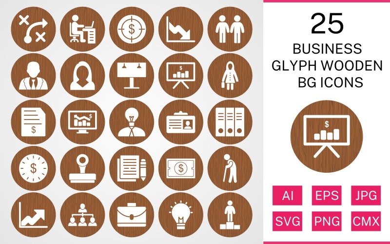 25 İş Glif Ahşap Bg Icon Set