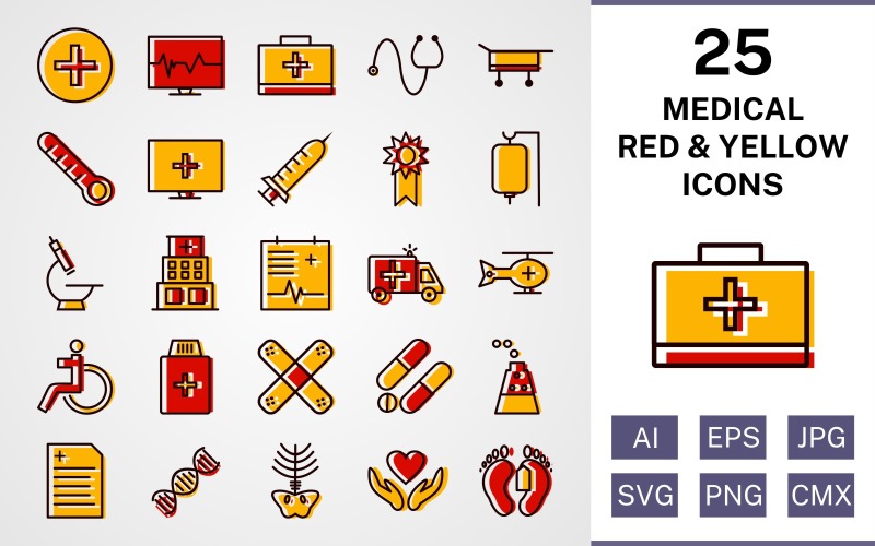 Download Набор иконок "25 Medical Filled Red And Yellow Icon Set" / 25 Medical Filled Red And Yellow Icon Set - Набор иконок на тему medical set,file,icon,icons,red,vector,sign,symbol,pictogram,yellow,filled,medical,drip,xray,dna,report,toe tag,medicines,hospital,injection