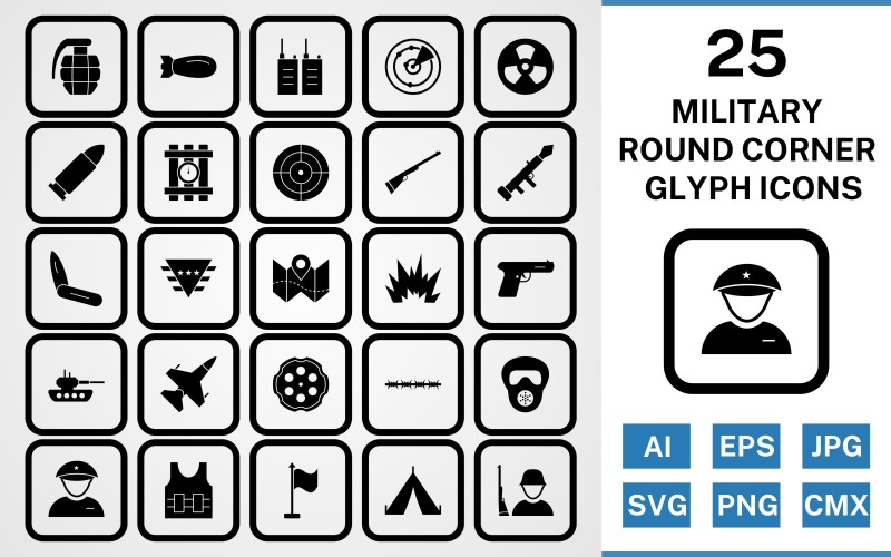 Download Набор иконок "25 Military Round Corner Glyph Black Icon Set" / 25 Military Round Corner Glyph Black Icon Set - Набор иконок на тему military set,file,icon,icons,round,vector,sign,symbol,pictogram,corner,glyph,military,bullet,target,grenade,jet,tent,gun,blast,radar