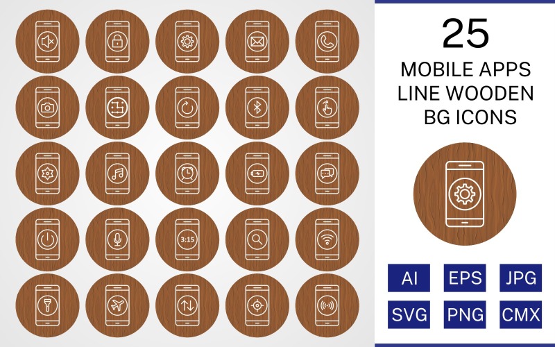 25 Mobil Uygulamalar Hattı Ahşap BG Simge Seti
