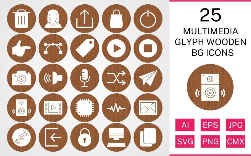 Download Набор иконок "25 Multimedia Glyph Wooden BG Icon Set" / 25 Multimedia Glyph Wooden BG Icon Set - Набор иконок на тему data set,file,icon,icons,background,vector,sign,symbol,pictogram,wooden,glyph,multimedia,logout,copy,shuffle,play,stop,upload,speaker,sign in
