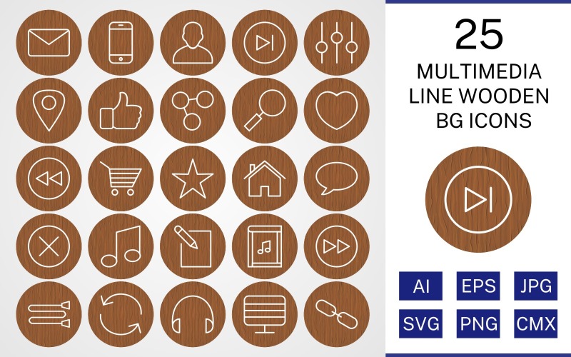 25 мультимедійних ліній дерев'яних BG набір іконок