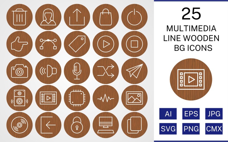 25 мультимедійних ліній дерев'яних BG набір іконок