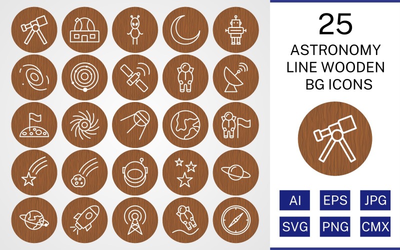 Набор иконок 25 Astronomy Line Wooden BG