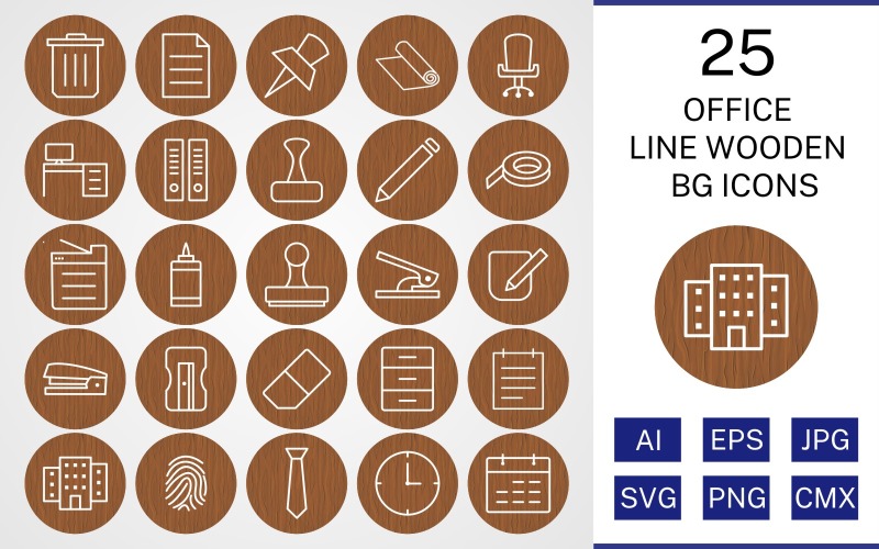 Download Набор иконок "25 Office Line Wooden BG Icon Set" / 25 Office Line Wooden BG Icon Set - Набор иконок на тему business set,file,icon,icons,background,vector,sign,symbol,pictogram,wooden,line,office,notepad,clock,tie,stamp,office chair,office table,post it,trash