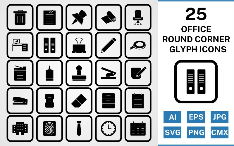 Download Набор иконок "25 Office Round Corner Glyph Black Icon Set" / 25 Office Round Corner Glyph Black Icon Set - Набор иконок на тему business set,file,icon,icons,round,vector,sign,symbol,pictogram,corner,glyph,office,notepad,clock,tie,stamp,office chair,office table,post it,trash