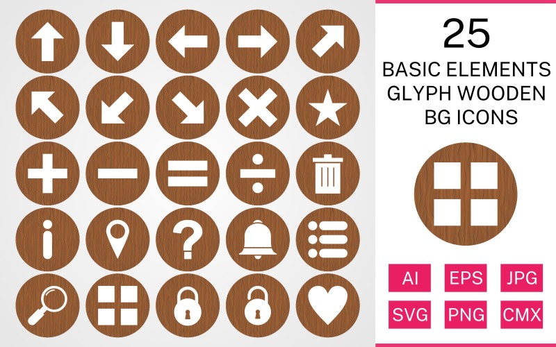 25 основних елементів гліф дерев'яні BG набір іконок