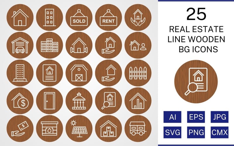 Download Набор иконок "25 Real Estate Line Wooden BG Icon Set" / 25 Real Estate Line Wooden BG Icon Set - Набор иконок на тему city set,file,icon,icons,background,vector,sign,symbol,pictogram,wooden,line,real estate,house,garage,building,farm house,loan,agent,flat,mortgage