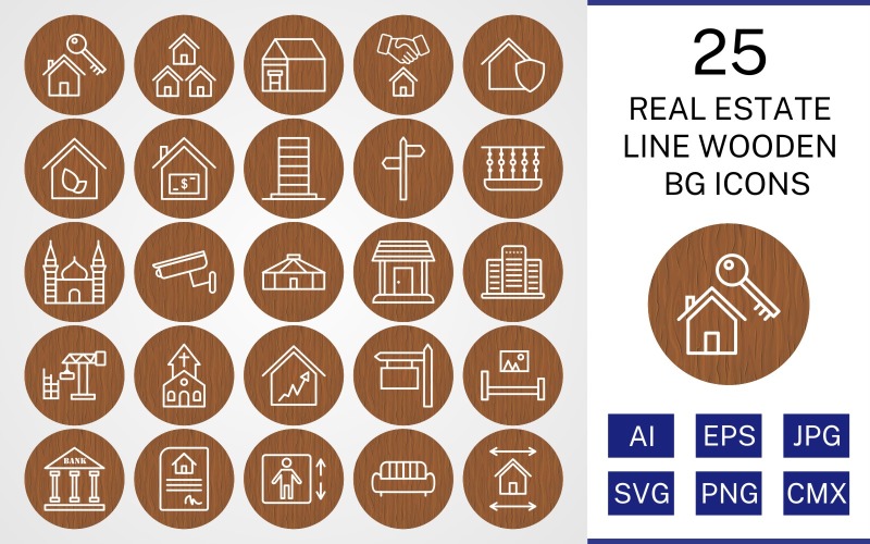 Download Набор иконок "25 Real Estate Line Wooden BG Icon Set" / 25 Real Estate Line Wooden BG Icon Set - Набор иконок на тему city set,file,icon,icons,background,vector,sign,symbol,pictogram,wooden,line,real estate,mosque,church,balcony,mansion,eco house,lift,yurt,bank
