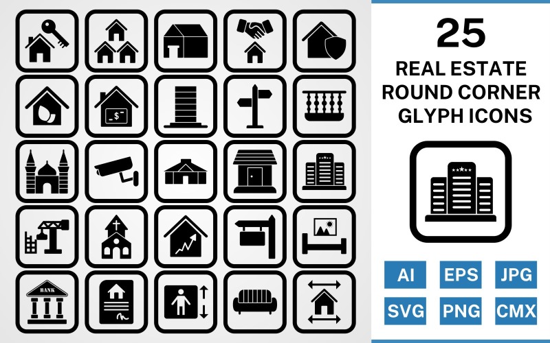 Download Набор иконок "25 Real Estate Round Corner Glyph Black Icon Set" / 25 Real Estate Round Corner Glyph Black Icon Set - Набор иконок на тему city set,file,icon,icons,round,vector,sign,symbol,pictogram,corner,glyph,real estate,mosque,church,balcony,mansion,eco house,lift,yurt,bank