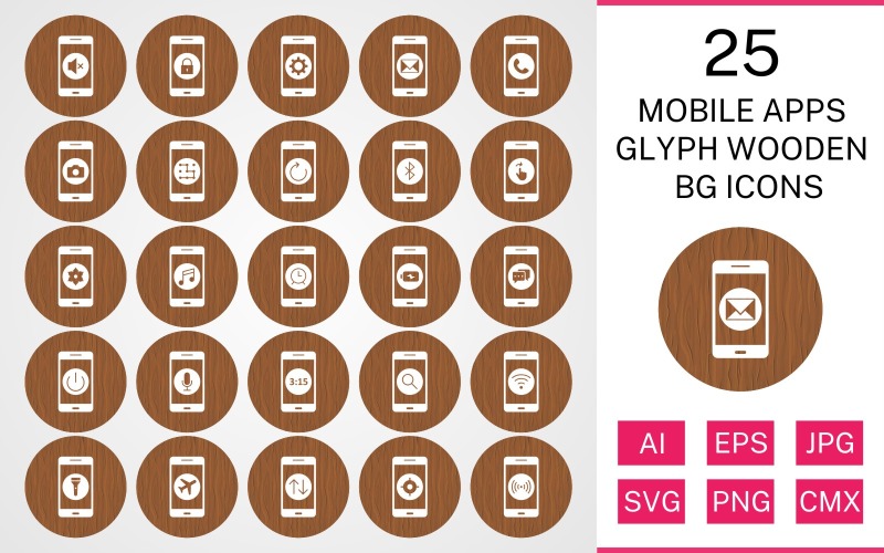 Sada 25 mobilních aplikací Glyph Wooden BG Icon