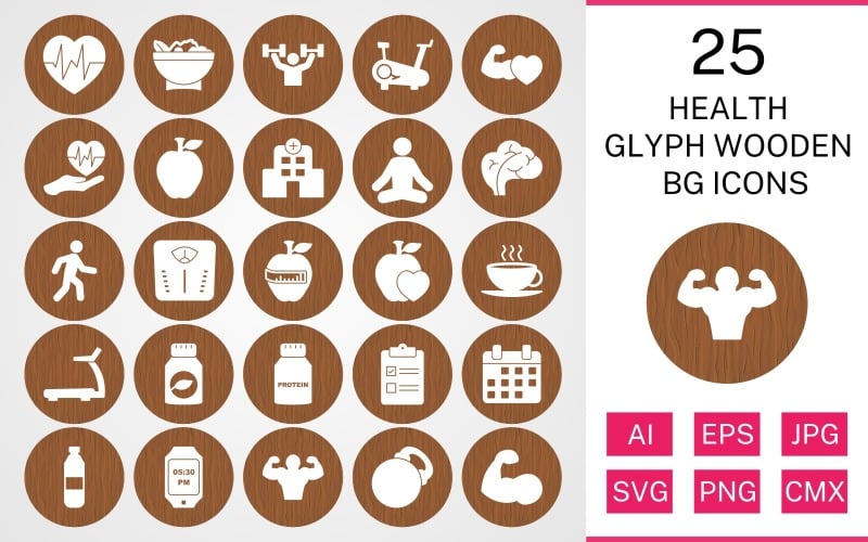 25 Sağlık Glif Ahşap BG Icon Set