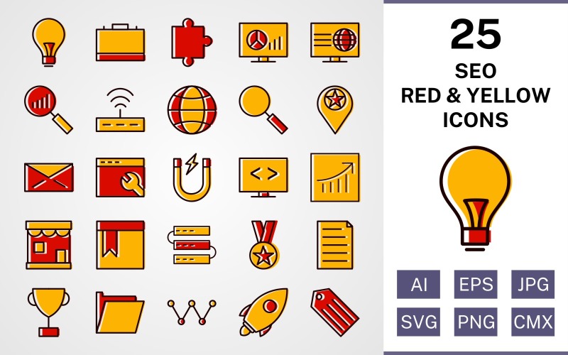 Download Набор иконок "25 Seo Filled Red And Yellow Icon Set" / 25 Seo Filled Red And Yellow Icon Set - Набор иконок на тему business set,file,icon,icons,red,vector,sign,symbol,pictogram,yellow,filled,seo,bulb,search,web,launch,award,servers,webpage,folder