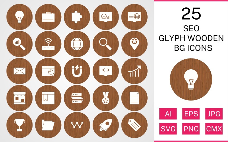 Download Набор иконок "25 Seo Glyph Wooden BG Icon Set" / 25 Seo Glyph Wooden BG Icon Set - Набор иконок на тему business set,file,icon,icons,background,vector,sign,symbol,pictogram,wooden,glyph,seo,bulb,search,web,launch,award,servers,webpage,folder