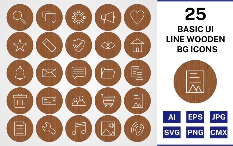 25 Set di icone BG in legno linea ui di base