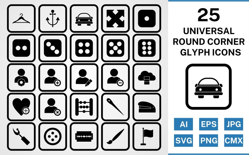 25 set di icone nere del glifo con angoli arrotondati universali