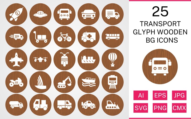 25 Transport Glyph trä BG Ikonuppsättning
