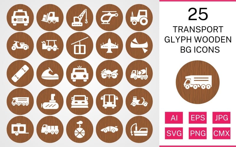 Download Набор иконок "25 Transport Glyph Wooden BG Icon Set" / 25 Transport Glyph Wooden BG Icon Set - Набор иконок на тему transport set,file,icon,icons,background,vector,sign,symbol,pictogram,wooden,glyph,transport,taxi,wagon,dumper,submarine,golf cart,vespa,loader,fishing boat