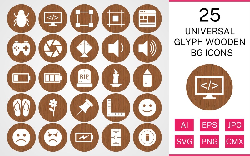 Download Набор иконок "25 Universal Glyph Wooden BG Icon Set" / 25 Universal Glyph Wooden BG Icon Set - Набор иконок на тему data set,file,icon,icons,background,vector,sign,symbol,pictogram,wooden,glyph,universal,flower,kite,bug,shutter,layout,candle,grave,low battery