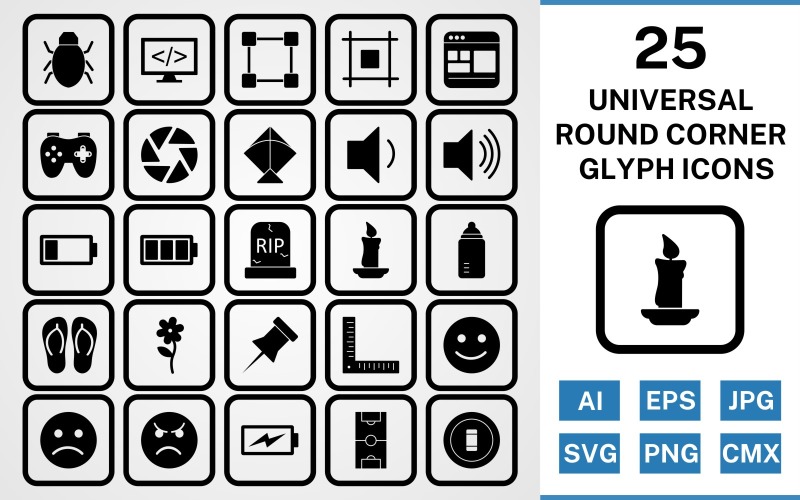 Download Набор иконок "25 Universal Round Corner Glyph Black Icon Set" / 25 Universal Round Corner Glyph Black Icon Set - Набор иконок на тему data set,file,icon,icons,round,vector,sign,symbol,pictogram,corner,glyph,universal,flower,kite,bug,shutter,layout,candle,grave,low battery
