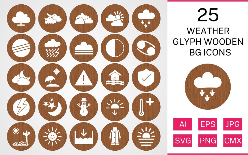 Download Набор иконок "25 Weather Glyph Wooden BG Icon Set" / 25 Weather Glyph Wooden BG Icon Set - Набор иконок на тему weather set,file,icon,icons,background,vector,sign,symbol,pictogram,wooden,glyph,weather,cloudy,hot,sunset,sheild,fog,beach umbella,snowman,dark ray