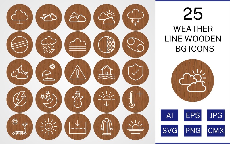 25 Weather Line Wooden BG Icon Set