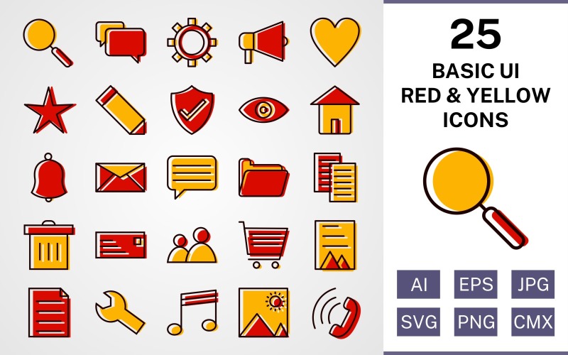 25 základních ui naplněných červených a žlutých ikon