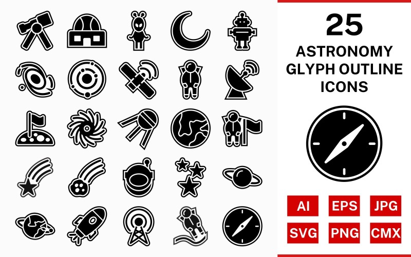 Download Набор иконок "25 Astronomy Glyph Outline Icon Set" / 25 Astronomy Glyph Outline Icon Set - Набор иконок на тему science set,file,icon,icons,outline,vector,sign,symbol,pictogram,glyph,astronomy,astronout,galaxy,telescope,stars,compass,falling star,space station,solar system