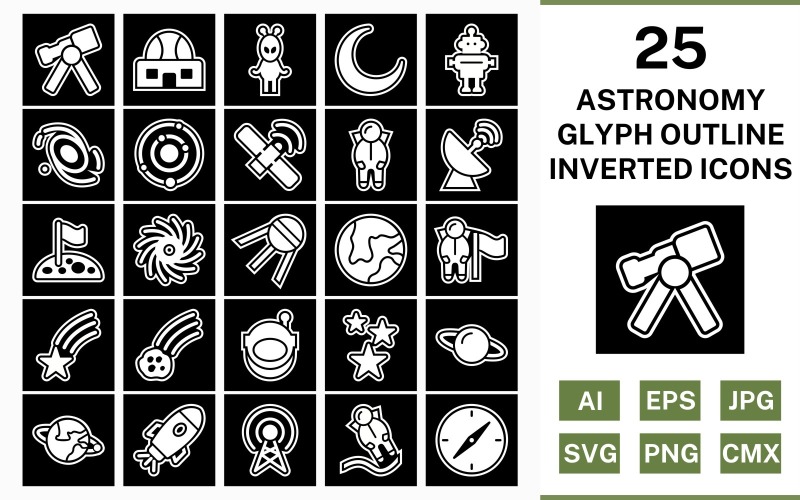Download Набор иконок "25 Astronomy Glyph Outline Inverted Icon Set" / 25 Astronomy Glyph Outline Inverted Icon Set - Набор иконок на тему science set,file,icon,icons,outline,vector,sign,symbol,pictogram,glyph,inverted,astronomy,astronout,galaxy,telescope,stars,compass,falling star,space station,solar system