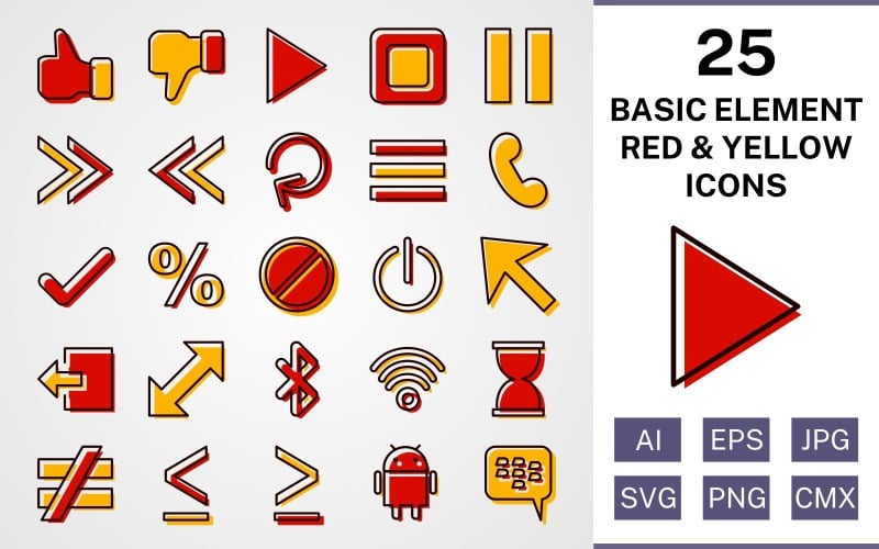 Download Набор иконок "25 Basic Elements Filled Red And Yellow Icon Set" / 25 Basic Elements Filled Red And Yellow Icon Set - Набор иконок на тему data set,file,icon,icons,red,vector,sign,symbol,pictogram,yellow,filled,basic elements,play,stop,tick,like,cursor,android,blackberry,menu