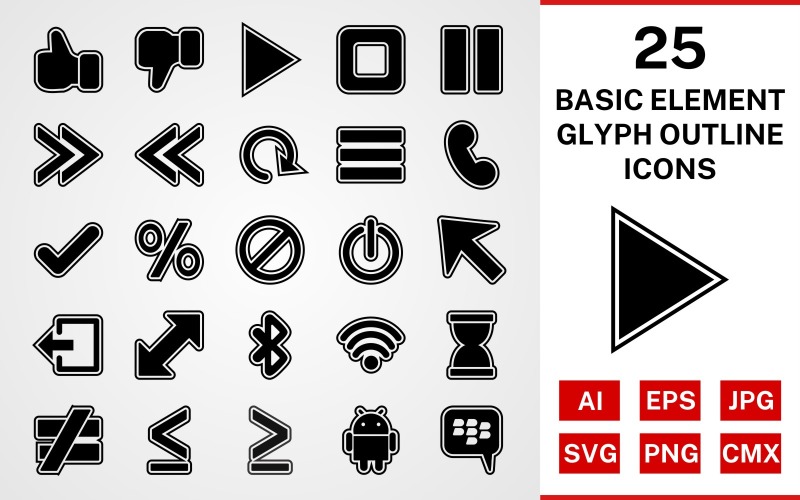 25 Basic Elements Glyph Outline Icon Set