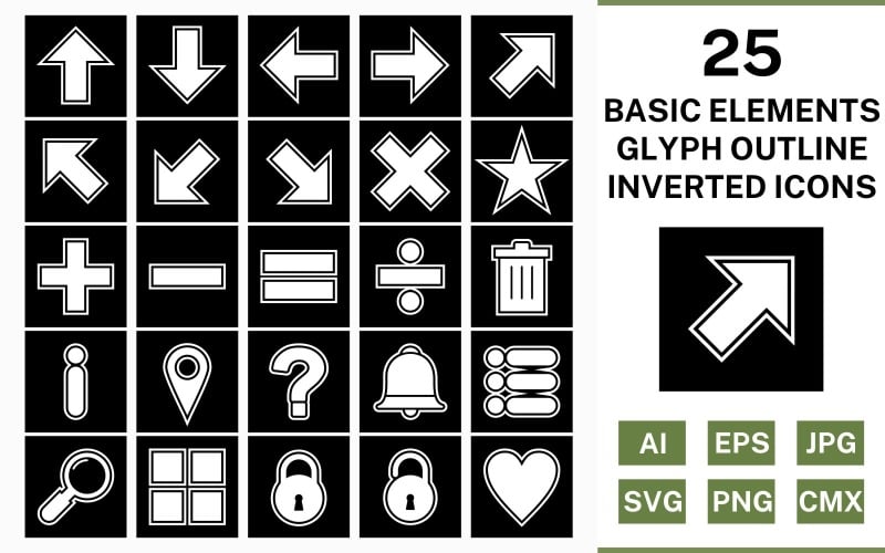 Download Набор иконок "25 Basic Elements Glyph Outline Inverted Icon Set" / 25 Basic Elements Glyph Outline Inverted Icon Set - Набор иконок на тему data set,file,icon,icons,outline,vector,sign,symbol,pictogram,glyph,inverted,basic elements,up,down,apps,lock,list,minus,delete,divide
