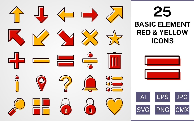 25 basiselementen gevuld rood en geel Icon Set