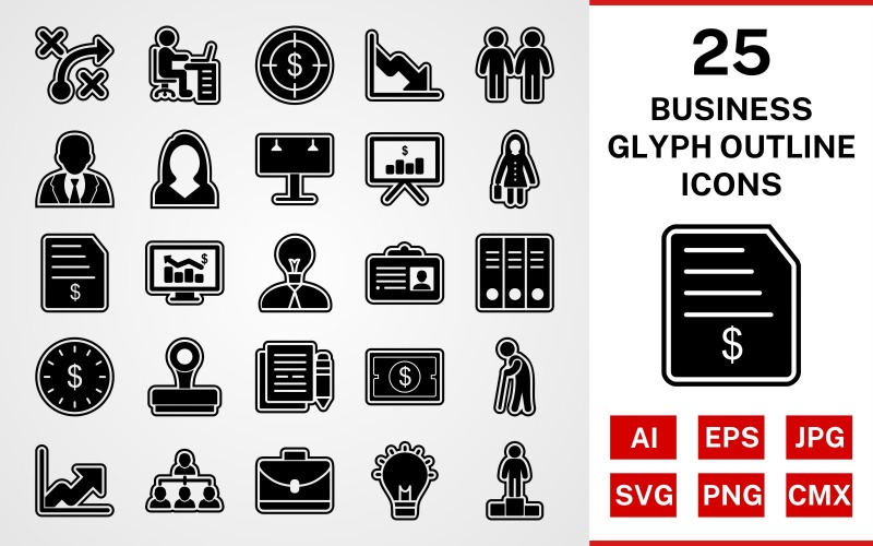 Download Набор иконок "25 Business Glyph Outline Icon Set" / 25 Business Glyph Outline Icon Set - Набор иконок на тему business set,file,icon,icons,outline,vector,sign,symbol,pictogram,glyph,business,workspace,invoice,billboard,files,growth,idea,success,stamp