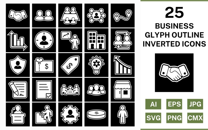 Download Набор иконок "25 Business Glyph Outline Inverted Icon Set" / 25 Business Glyph Outline Inverted Icon Set - Набор иконок на тему business set,file,icon,icons,outline,vector,sign,symbol,pictogram,glyph,inverted,business,office,shop,speech,decison making,route,handshake,management,working team