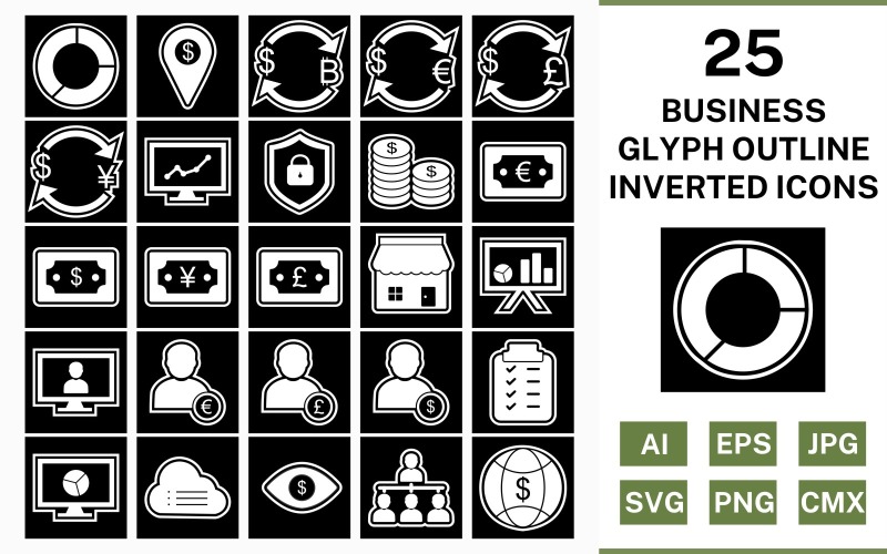 Download Набор иконок "25 Business Glyph Outline Inverted Icon Set" / 25 Business Glyph Outline Inverted Icon Set - Набор иконок на тему финансы set,file,icon,icons,outline,vector,sign,symbol,pictogram,glyph,inverted,business,pie chart,organization,world money,pound,coins,stock market,cloud data,planning
