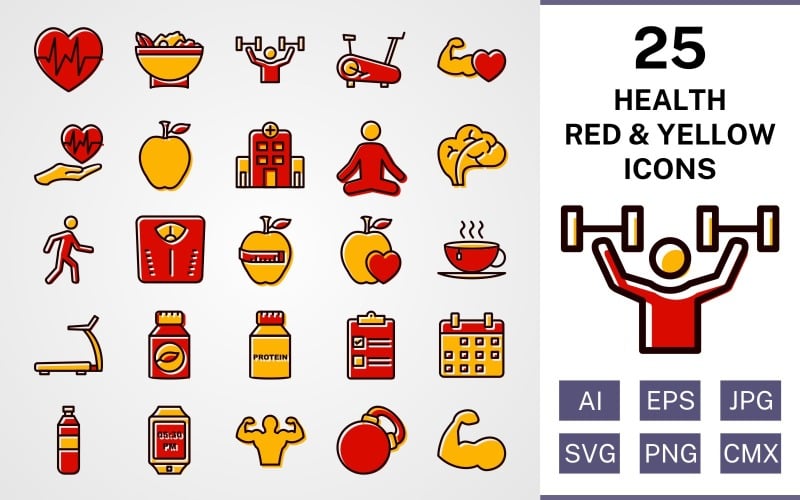 25 conjunto de iconos rojos y amarillos llenos de salud