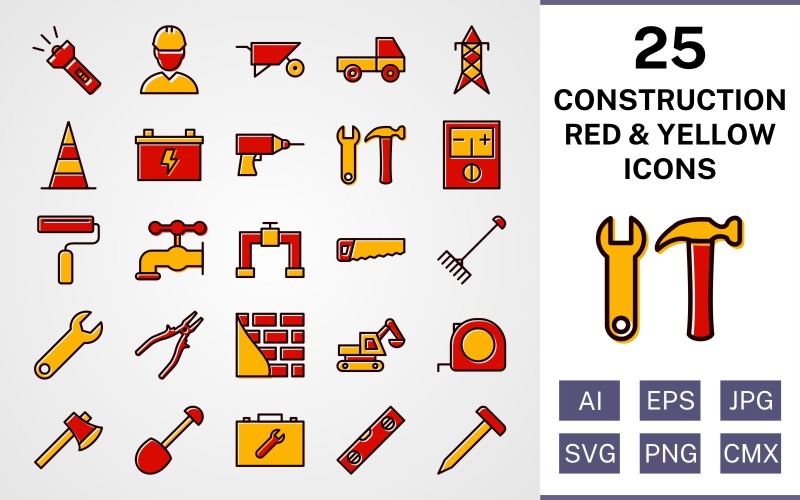 Download Набор иконок "25 Construction Filled Red And Yellow Icon Set" / 25 Construction Filled Red And Yellow Icon Set - Набор иконок на тему industrial set,file,icon,icons,red,vector,sign,symbol,pictogram,yellow,filled,construction,engineer,loader,tools,tool box,drill,paint roller,pipe,saw