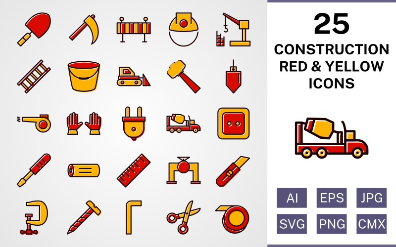 Download Набор иконок "25 Construction Filled Red And Yellow Icon Set" / 25 Construction Filled Red And Yellow Icon Set - Набор иконок на тему industrial set,file,icon,icons,red,vector,sign,symbol,pictogram,yellow,filled,construction,trowel,ladder,bucket,vise,ruler,helmet,hammer,bulldozer