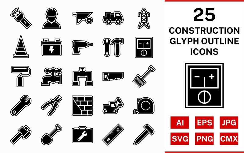 Download Набор иконок "25 Construction Glyph Outline Icon Set" / 25 Construction Glyph Outline Icon Set - Набор иконок на тему industrial set,file,icon,icons,outline,vector,sign,symbol,pictogram,glyph,construction,engineer,loader,tools,tool box,drill,paint roller,pipe,saw