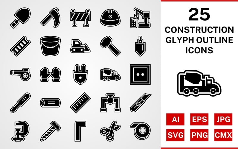 Download Набор иконок "25 Construction Glyph Outline Icon Set" / 25 Construction Glyph Outline Icon Set - Набор иконок на тему industrial set,file,icon,icons,outline,vector,sign,symbol,pictogram,glyph,construction,trowel,ladder,bucket,vise,ruler,helmet,hammer,bulldozer