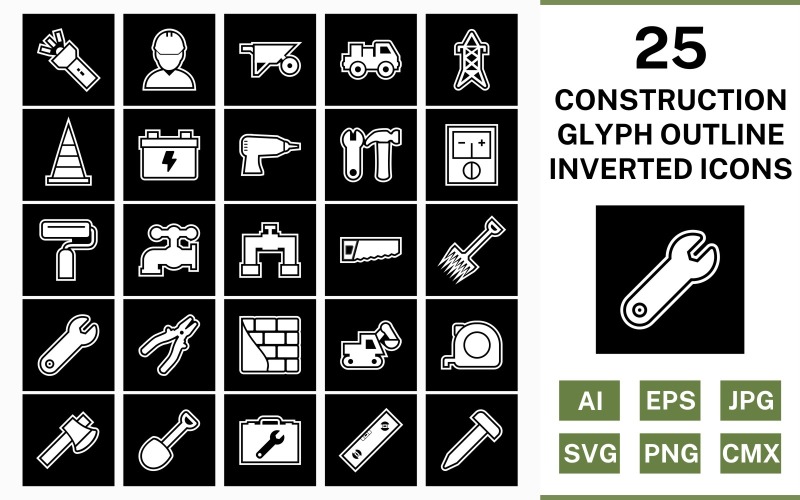 Download Набор иконок "25 Construction Glyph Outline Inverted Icon Set" / 25 Construction Glyph Outline Inverted Icon Set - Набор иконок на тему industrial set,file,icon,icons,outline,vector,sign,symbol,pictogram,glyph,inverted,construction,engineer,loader,tools,tool box,drill,paint roller,pipe,saw