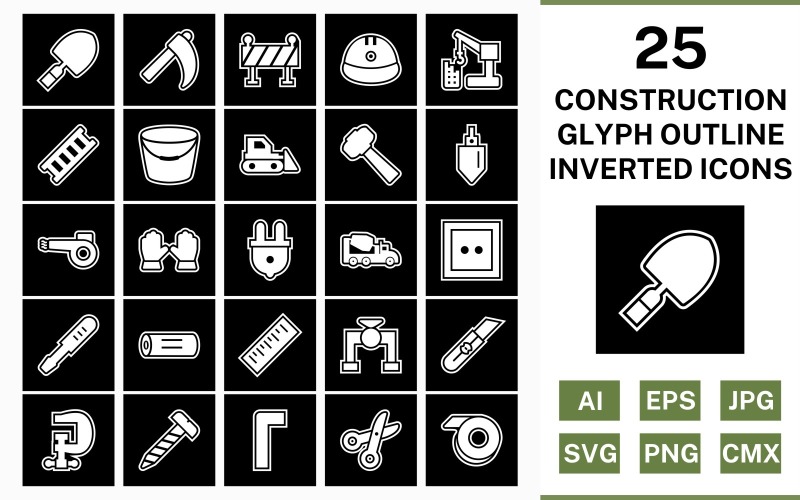 Download Набор иконок "25 Construction Glyph Outline Inverted Icon Set" / 25 Construction Glyph Outline Inverted Icon Set - Набор иконок на тему industrial set,file,icon,icons,outline,vector,sign,symbol,pictogram,glyph,inverted,construction,trowel,ladder,bucket,vise,ruler,helmet,hammer,bulldozer
