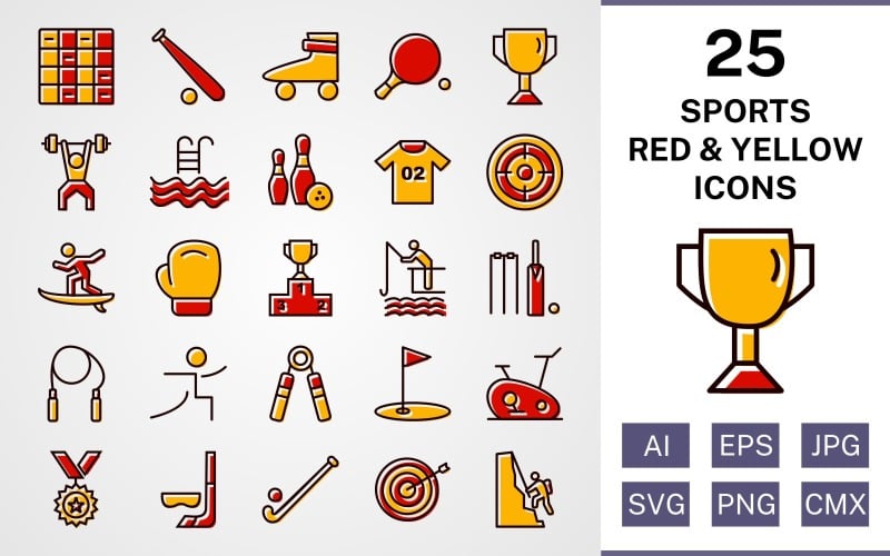 25 deportes y juegos llenos de iconos rojos y amarillos