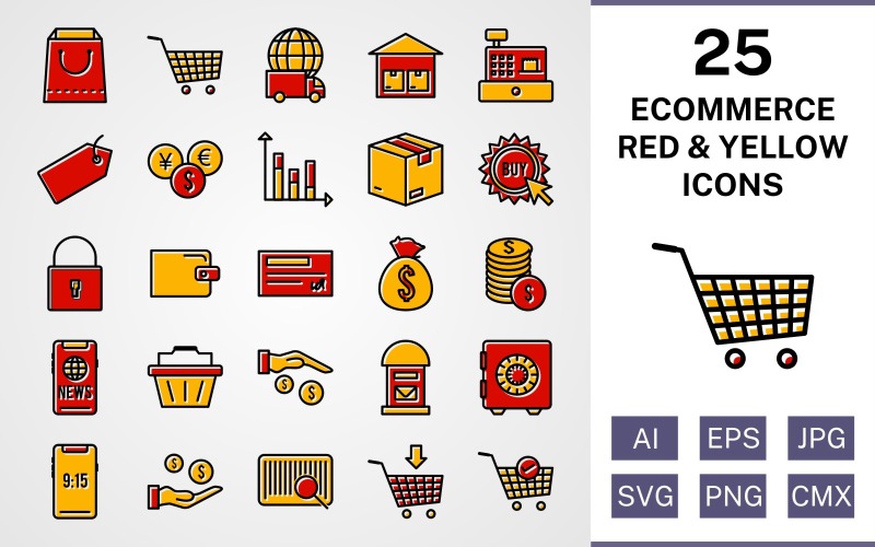 25 e-handel fylld röd och gul ikonuppsättning