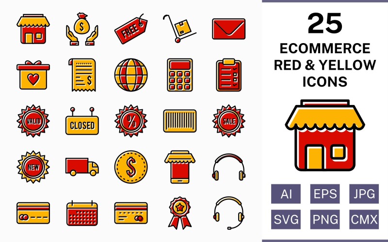 Download Набор иконок "25 Ecommerce Filled Red And Yellow Icon Set" / 25 Ecommerce Filled Red And Yellow Icon Set - Набор иконок на тему shopping set,file,icon,icons,red,vector,sign,symbol,pictogram,yellow,filled,ecommerce,envelope,saving,trolley,new,sale,atm,shop,discount
